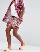 Asos X Mtv Swim Shorts With Neon Leopard Print In Short Length - Pink