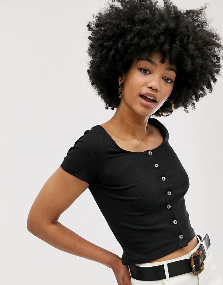 Monki Button Through Scoop Neck T-shirt In Black-multi