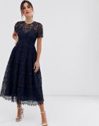 Asos Design Lace Midi Dress With Ribbon Tie And Open Back - Navy