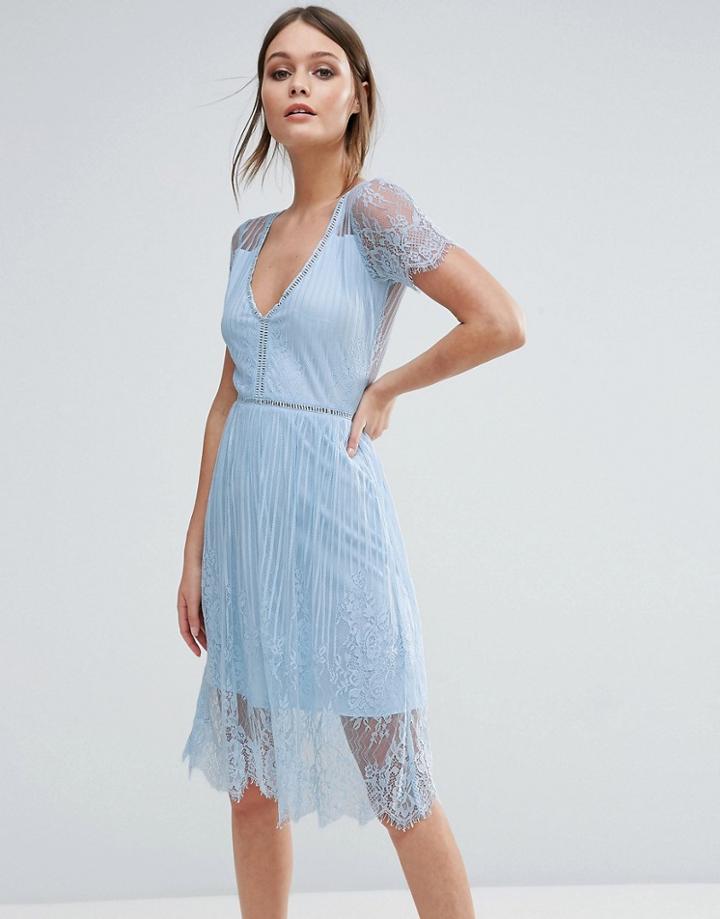 Club L Pretty Lace Midi Dress With Lace Sleeves - Blue
