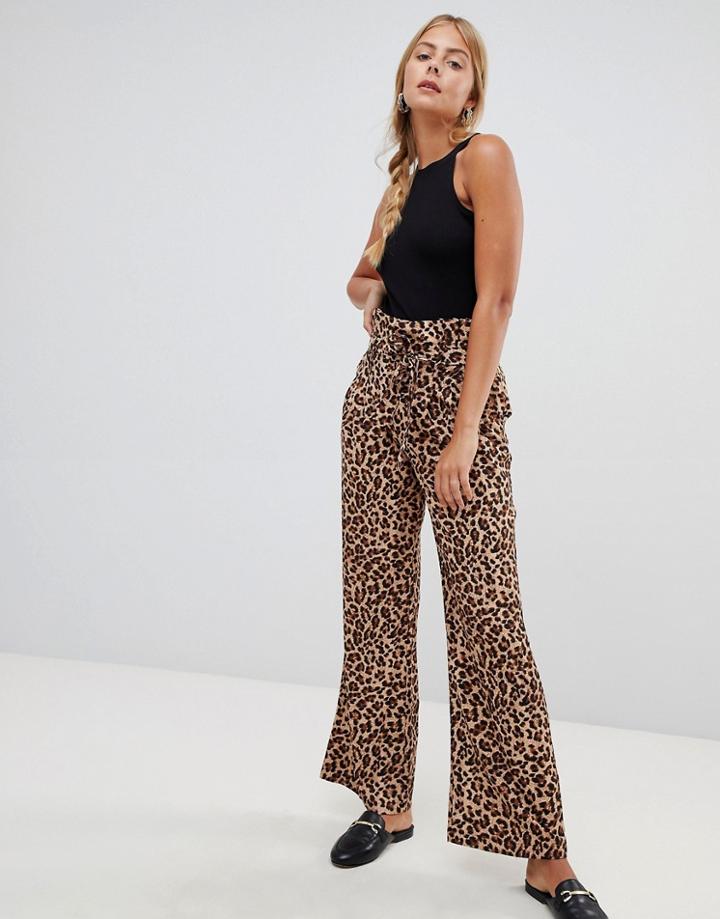 Qed London Leopard Print Paperbag Waist Wide Leg Pants - Brown