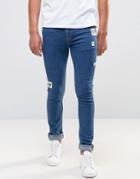 Asos Super Skinny Jeans In Mid Wash Blue With Badges - Blue