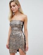 Prettylittlething Sequin Bodycon Split Detail Mini Dress In Snake Print - Brown