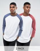 Asos 2 Pack Relaxed Fit Raglan Long Sleeve T-shirt With Curved Hem - Save - Multi