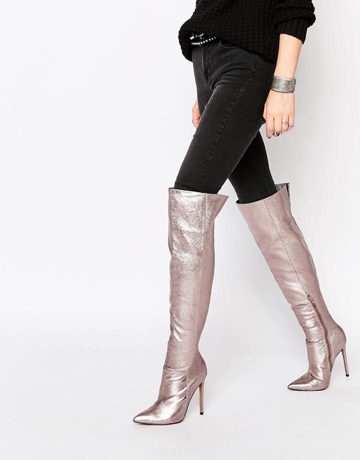 Asos Kindred Pointed Over The Knee Boots - Pewter Metallic