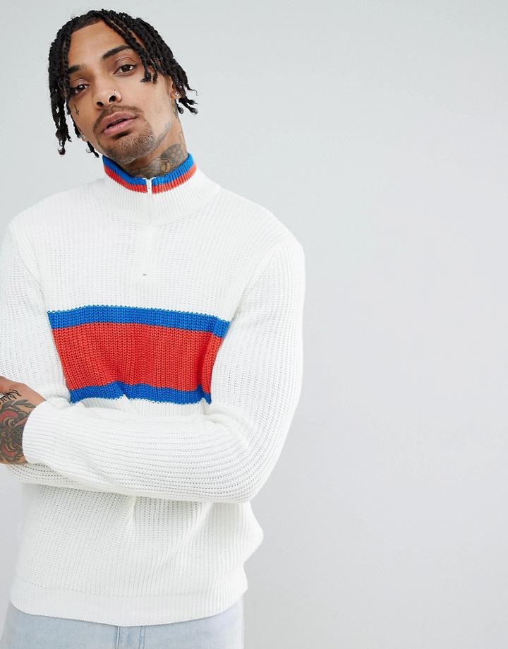 Asos Design Knitted Half Zip Sweater With Color Block Design - White