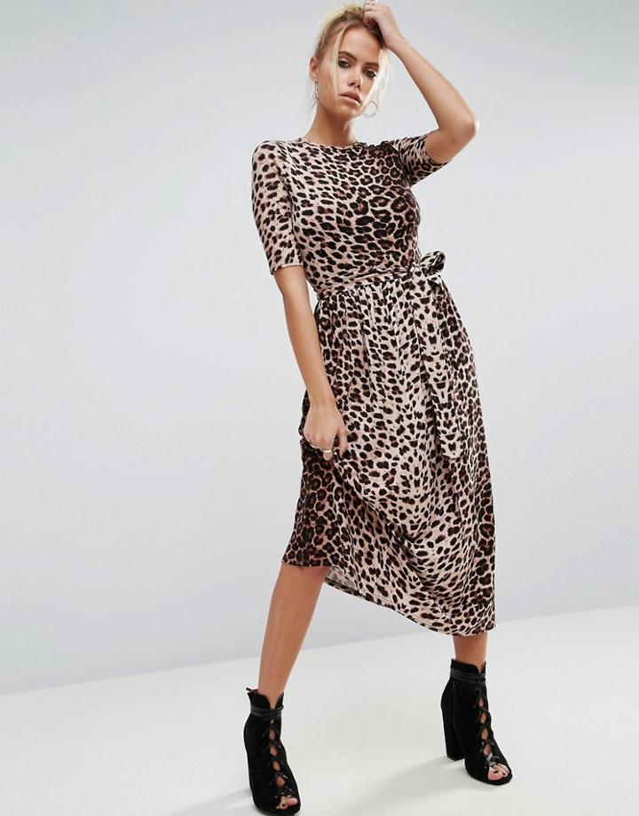 Asos Midi Dress In Leopard With Self Tie Belt - Multi
