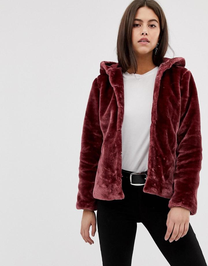 Vila Faux Fur Hoodied Jacket-red