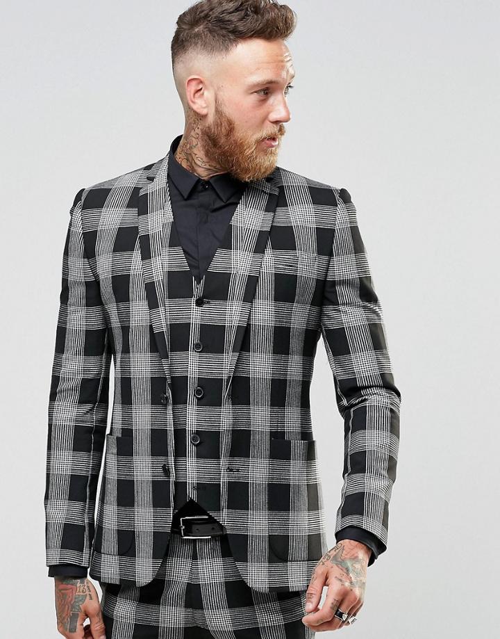 Asos Super Skinny Suit Jacket In Plaid Check - Black