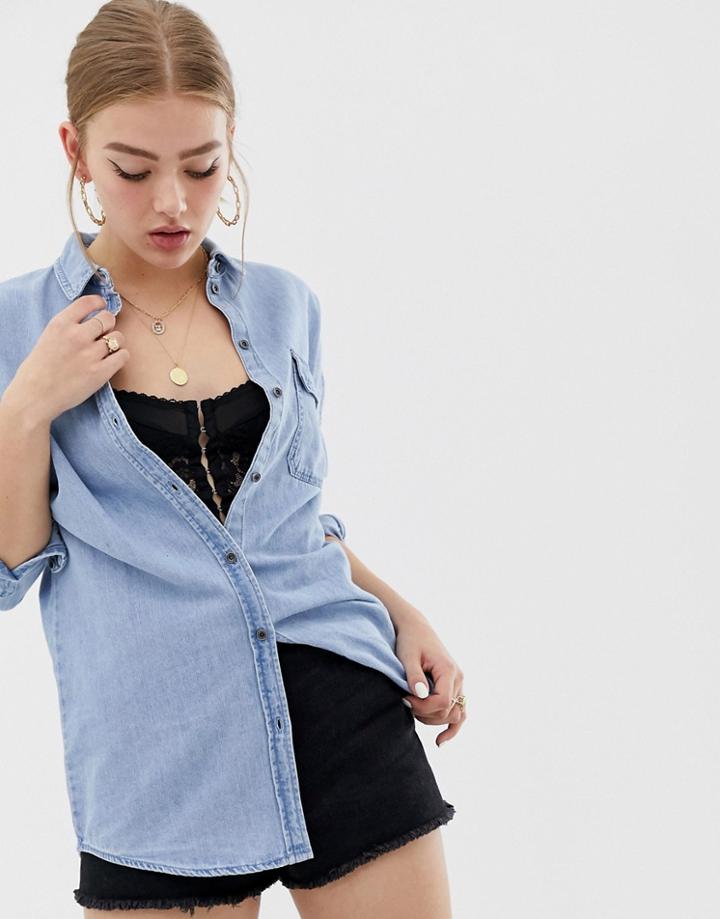 Noisy May Oversized Light Wash Denim Shirt - Blue