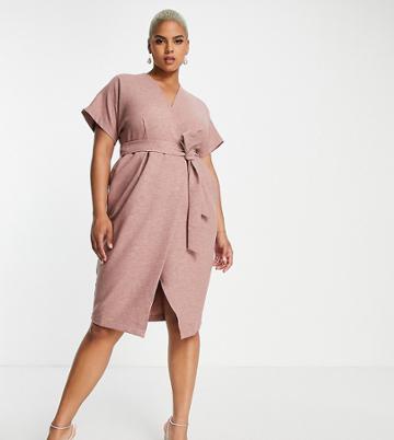 Closet London Plus Wrap Tie Midi Dress In Blush-pink