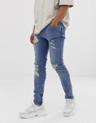 Siksilk Skinny Jeans In Light Blue With Distressing