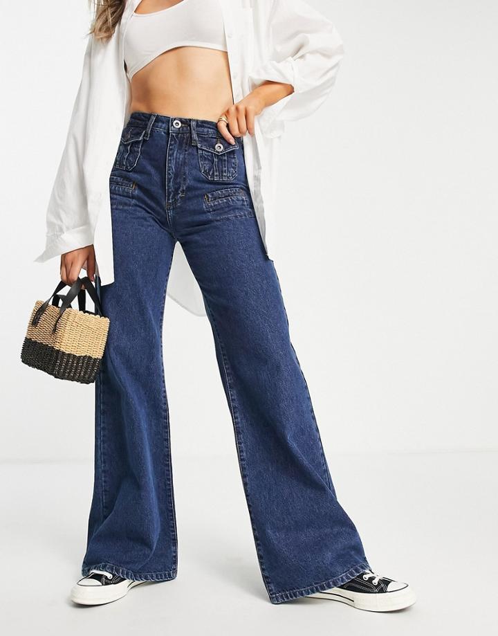French Connection 70's Flared Jean In Mid Blue Wash-blues