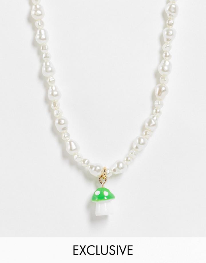 Reclaimed Vintage Unisex Inspired Necklace With Mushroom Charm In Faux Pearl-white