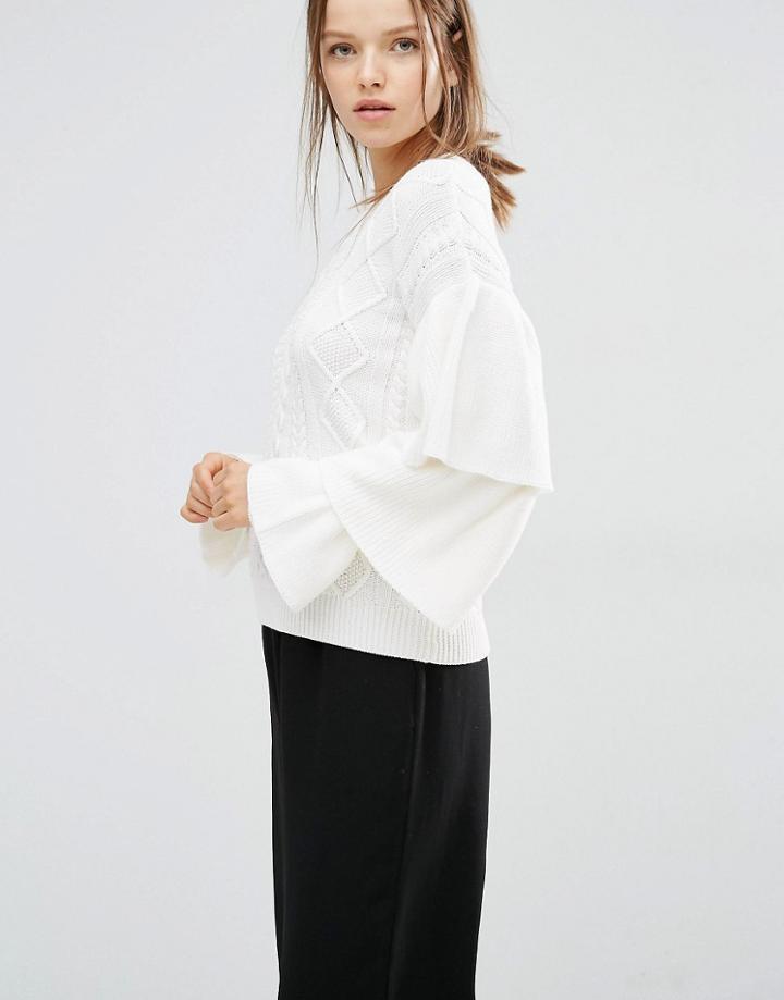 Style Mafia Stella Sweater In Cable Knit With Ruffle Sleeve - White