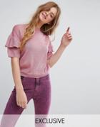 Monki Knitted Ruffle Short Sleeve Sweater - Pink