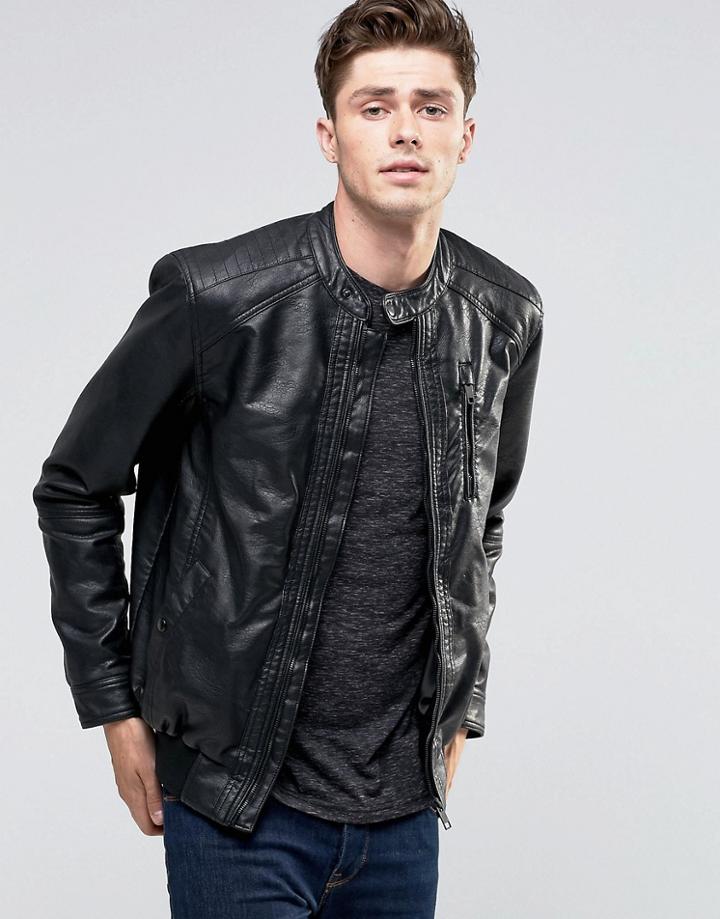 Brave Soul Classic Faux Leather Biker Jacket - Black