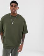 Asos Design Short Sleeve Oversized Sweatshirt In Khaki-green