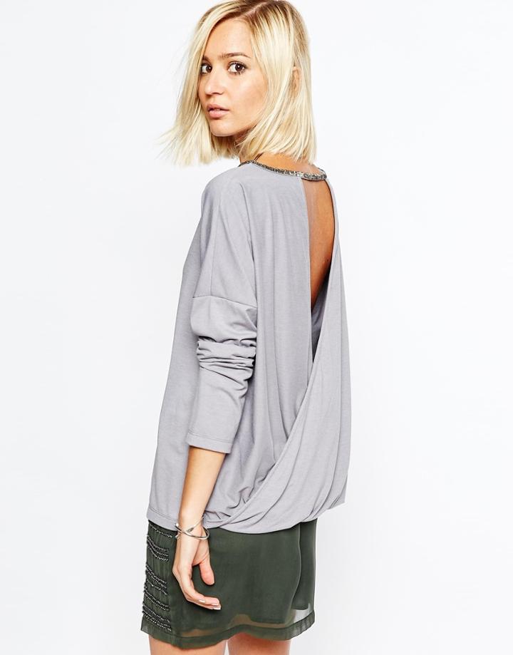 Religion Oversized Long Sleeve Top With Beaded Drape Back - Cloud Burst