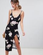 Asos Design Slinky Button Rose Print Midi Dress - Multi