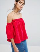 Asos Off Shoulder Top With Fluted Sleeves In Broderie - Red