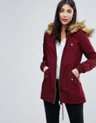 Lipsy Longline Parka With Faux Fur Hood - Red