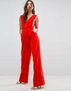 Asos Jumpsuit With Wide Leg And Self Belt - Red