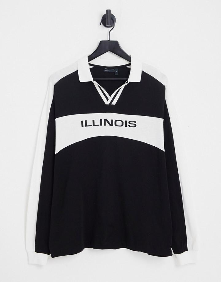 Asos Design Oversized Long Sleeve Polo T-shirt In Black With Illinois Print & V-neck Collar
