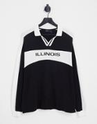 Asos Design Oversized Long Sleeve Polo T-shirt In Black With Illinois Print & V-neck Collar