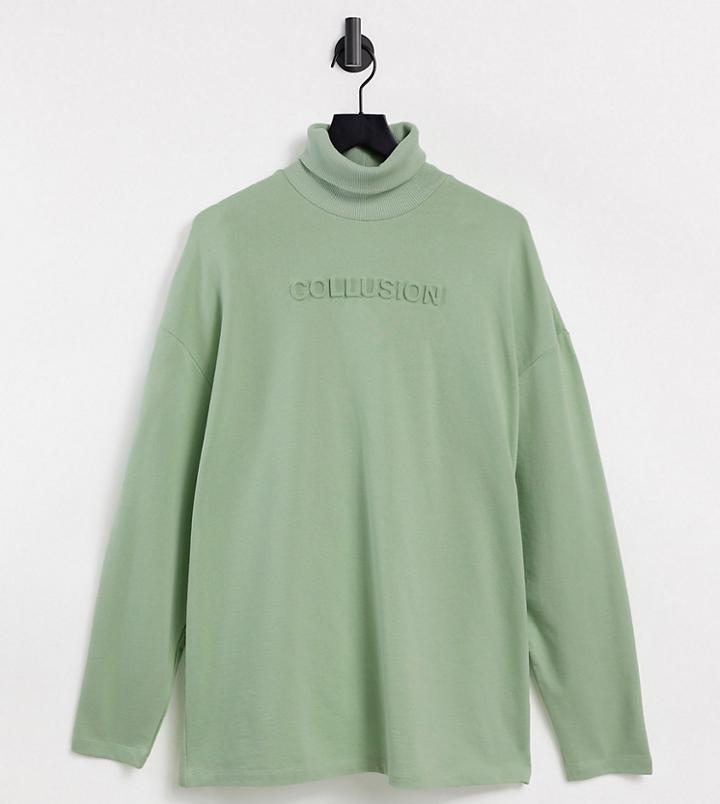 Collusion High Neck T-shirt Dress With Embossed Logo In Pale Green