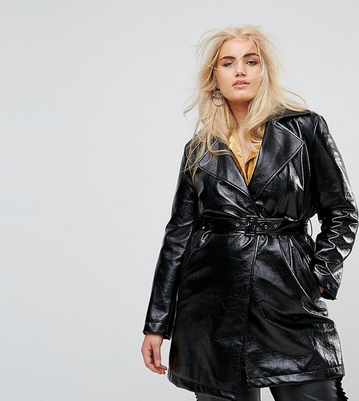 Elvi Allover Premium Vinyl Trench Coat - Black