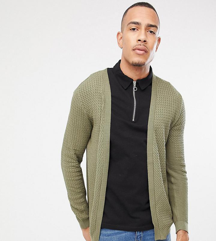 Asos Design Tall Lightweight Cable Cardigan In Khaki - Green