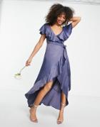 Topshop Bridesmaid Recycled Blend Satin Ruffle Wrap Dress In Navy