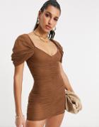 Asos Design Sweetheart Neck Line Mesh Ruched Mini Dress In Chocolate-brown