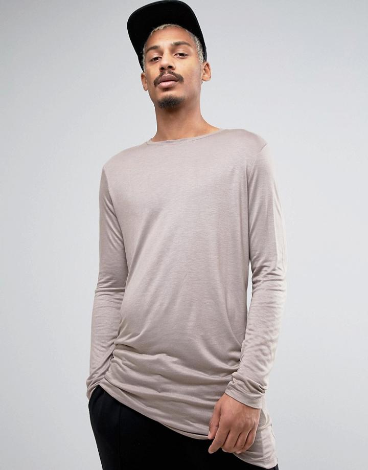 Asos Super Longline Long Sleeve T-shirt In Bamboo With Hitched Hem - B