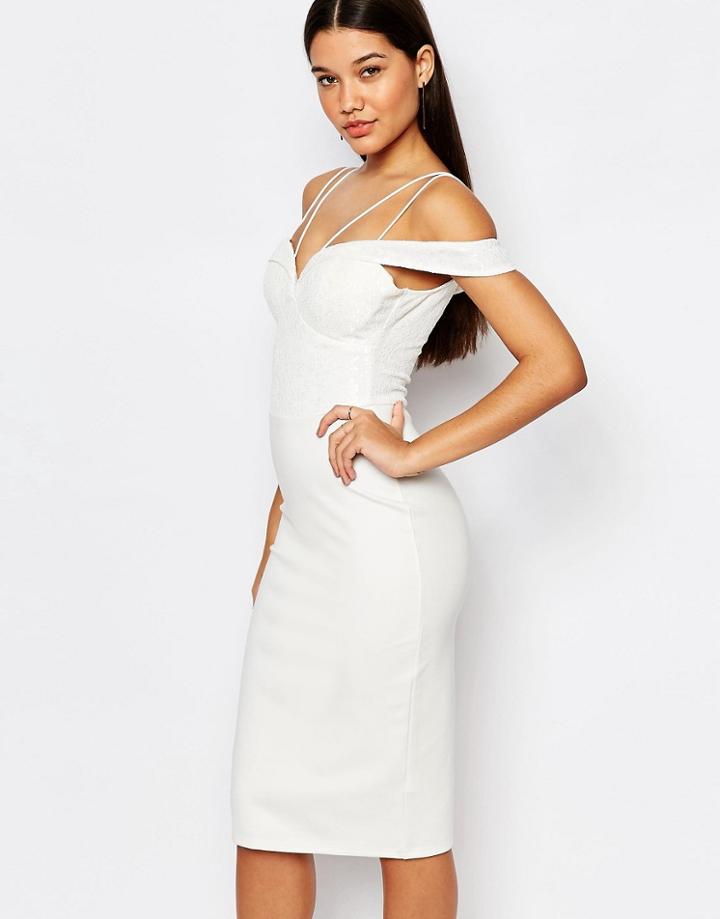 Rare London Lace Bodice Bardot Midi Dress - White