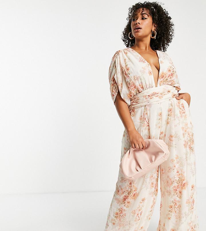 Asos Design Curve Plunge Wide Leg Jumpsuit In Wallpaper Floral With Headscarf-multi