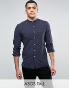 Asos Tall Regular Fit Textured Shirt With Grandad Collar In Navy - Navy