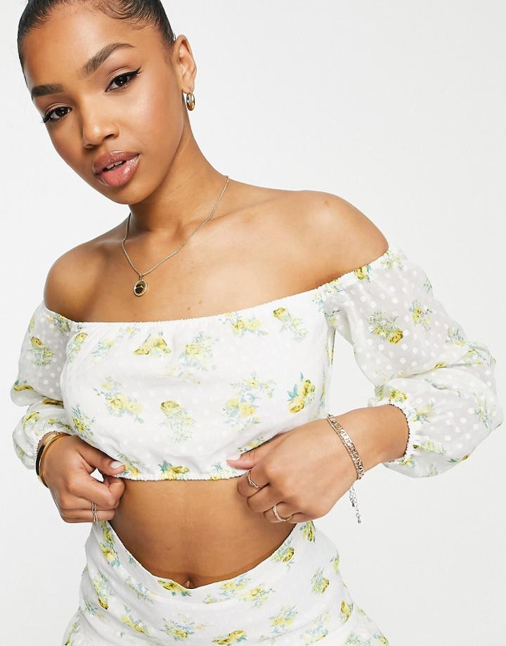 Miss Selfridge Textured Chiffon Bardot Crop Top In Floral Print-white