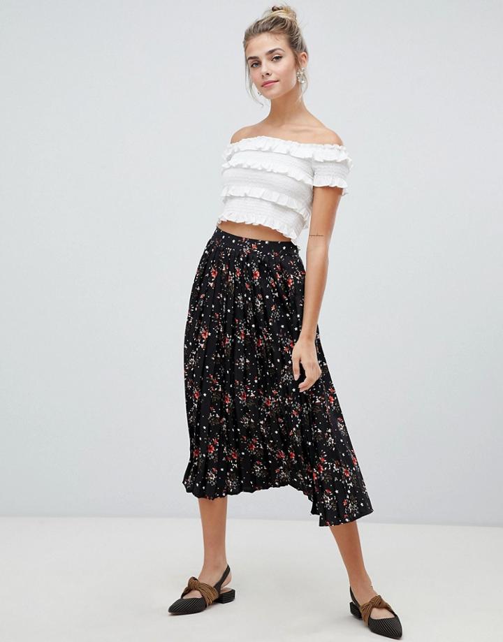 Influence Pleated Midi Skirt In Floral And Star Print - Black