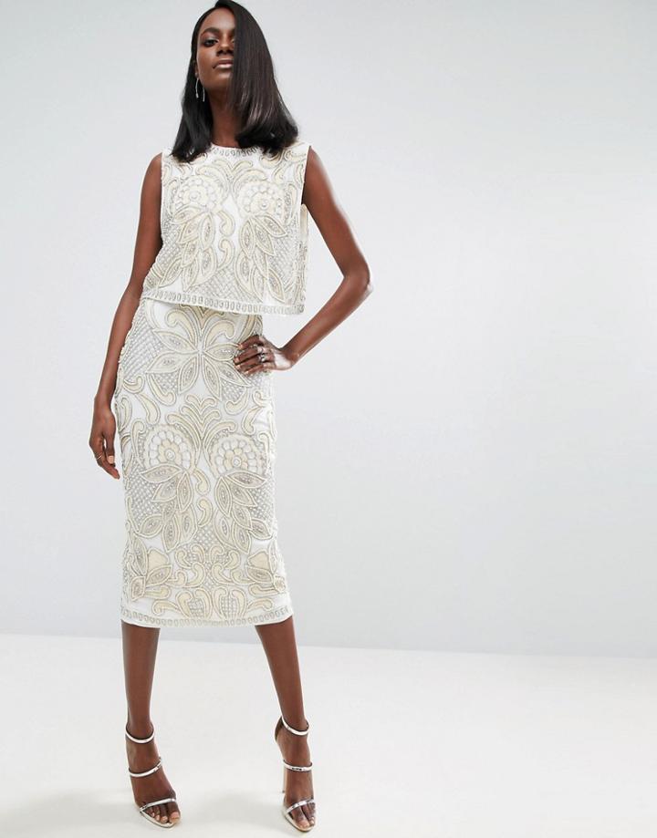 Asos Red Carpet Pearl Double Layer Midi Dress - Cream