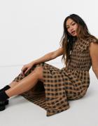 Ghospell Sleeveless Maxi Dress With Bib Collar In Brown Check