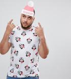 Asos Design Plus Holidays Mickey Mouse T-shirt With All Over Santa Print-white