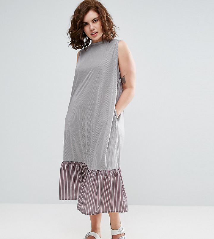 Asos Curve Midi Dress In Stripe With Contrast Woven Frill Hem - Multi