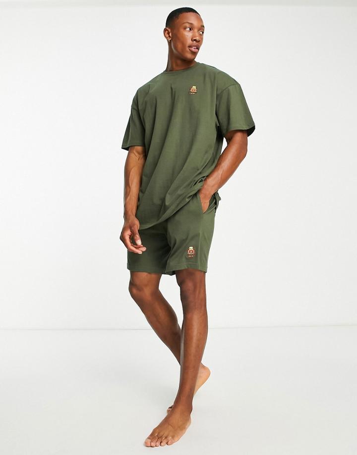 Threadbare Allbrook Oversized Tee And Shorts Lounge Set With Robot Embroidery In Black