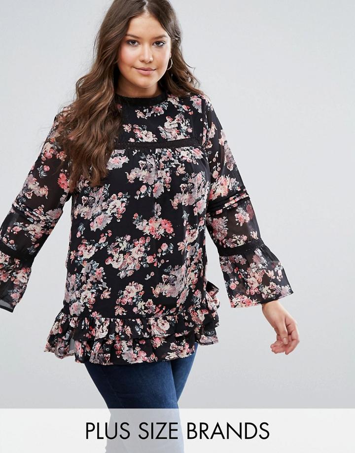Koko Plus Top With Frill Sleeves And Peplum In Floral Print - Black