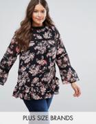 Koko Plus Top With Frill Sleeves And Peplum In Floral Print - Black
