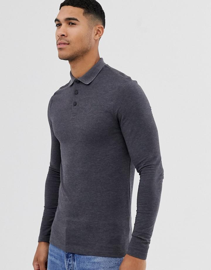 Asos Design Muscle Fit Long Sleeve Polo In Charcoal Marl - Gray