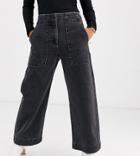 Asos Design Petite Cropped Wide Leg Carpenter Jeans In Washed Black