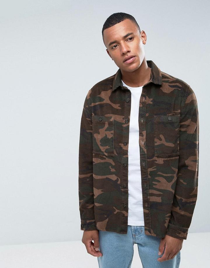 Asos Cord Overshirt In Camo Print - Brown